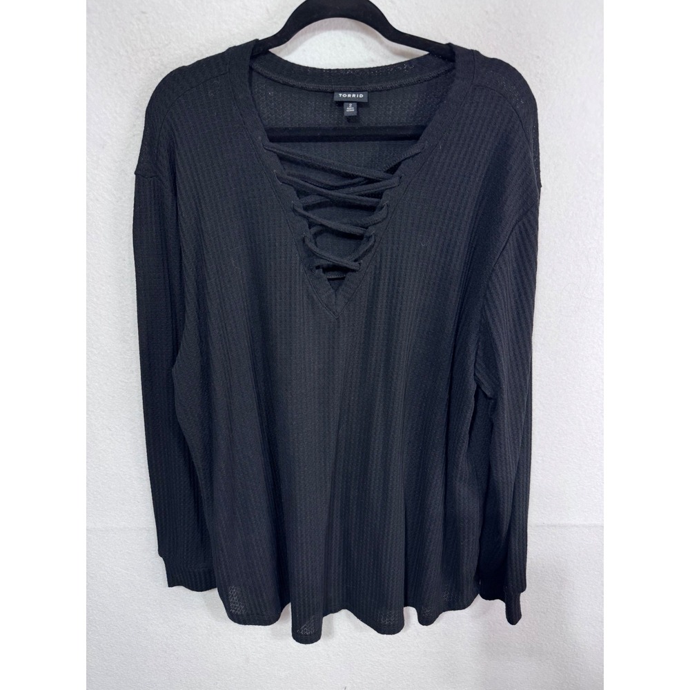 Torrid Black Top Lace Up V-Neck Waffle Knit Long Sleeve Women's 2 2X